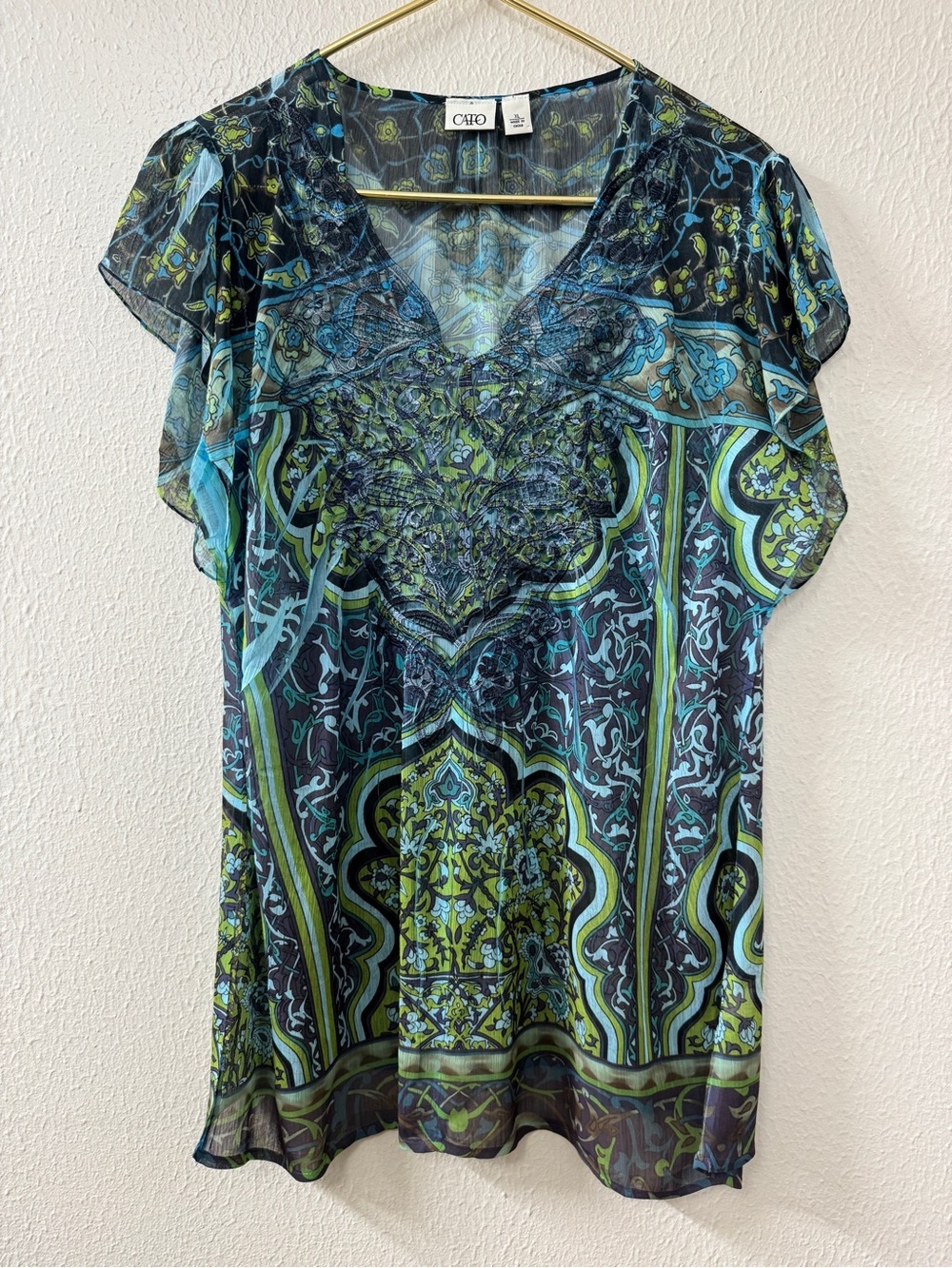 Cato Green & Blue Printed V-Neck Flutter Sleeve Blouse